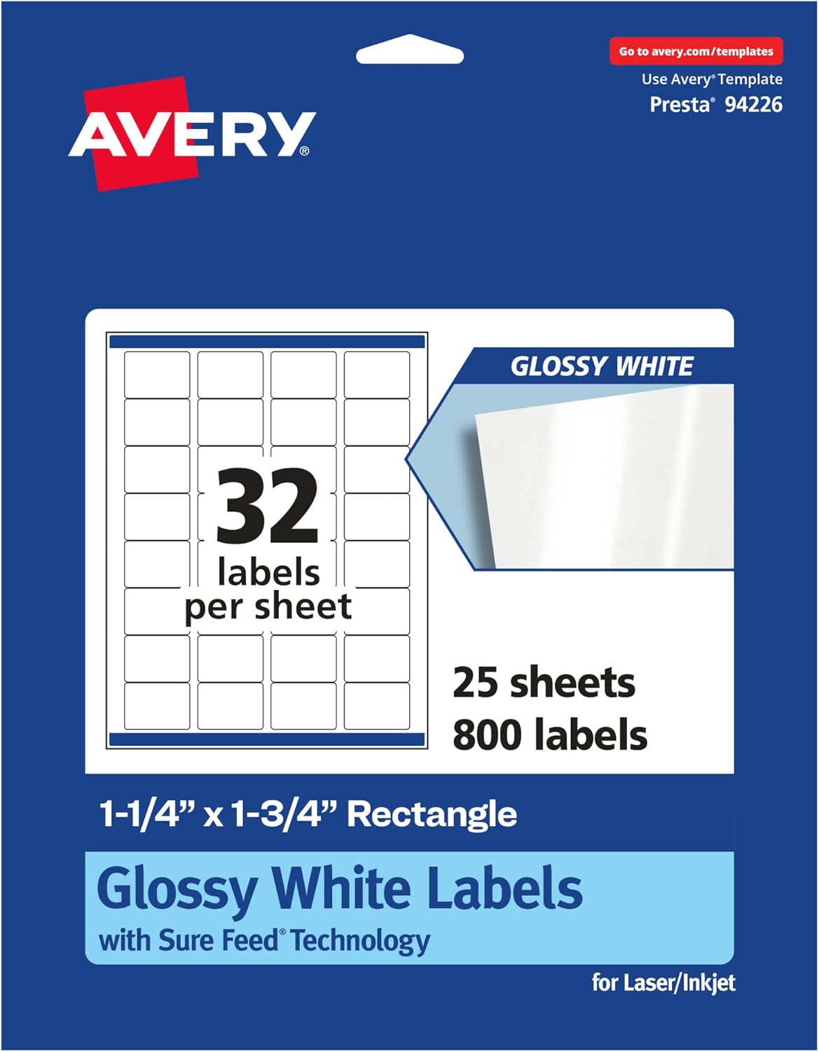 Avery Glossy White Rectangle Labels, Sure Feed Technology, 1.25" x 1.75", Permanent Adhesive, Laser/Inkjet Printable