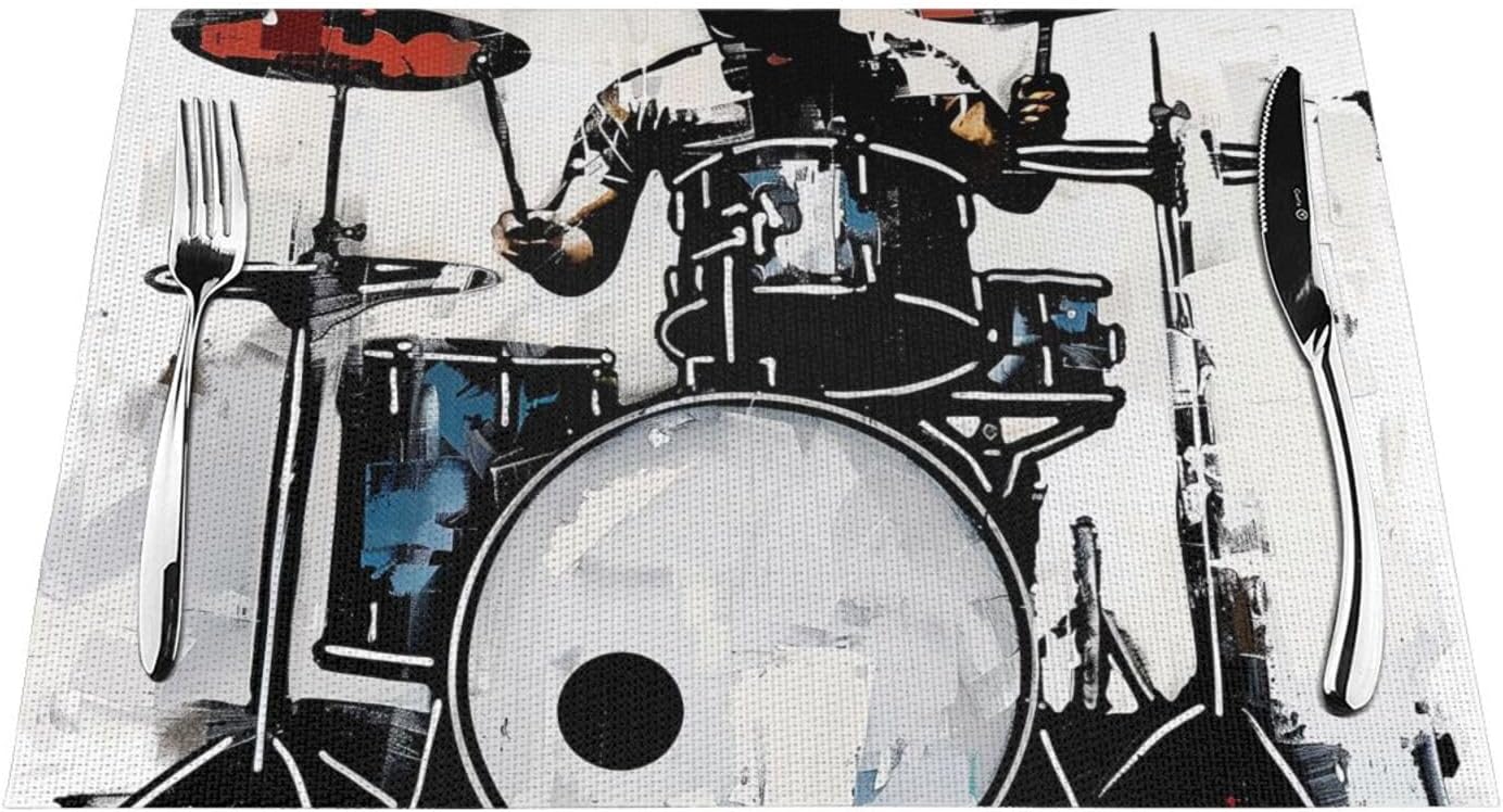 Drummer Printed PVC Woven Placemats Set of 4 PCS - Heat Resistant Cloth Place Mats Kitchen Dining Table Mat