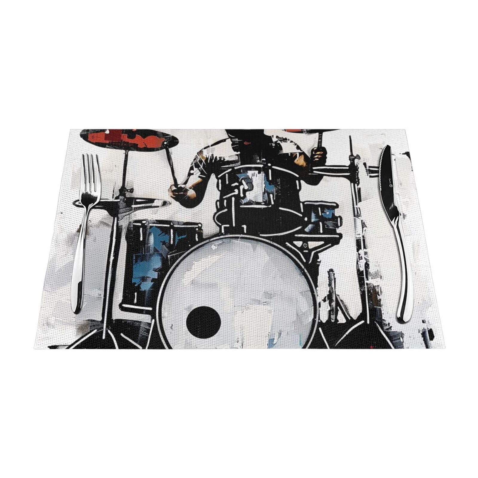 Drummer Printed PVC Woven Placemats Set of 4 PCS - Heat Resistant Cloth Place Mats Kitchen Dining Table Mat