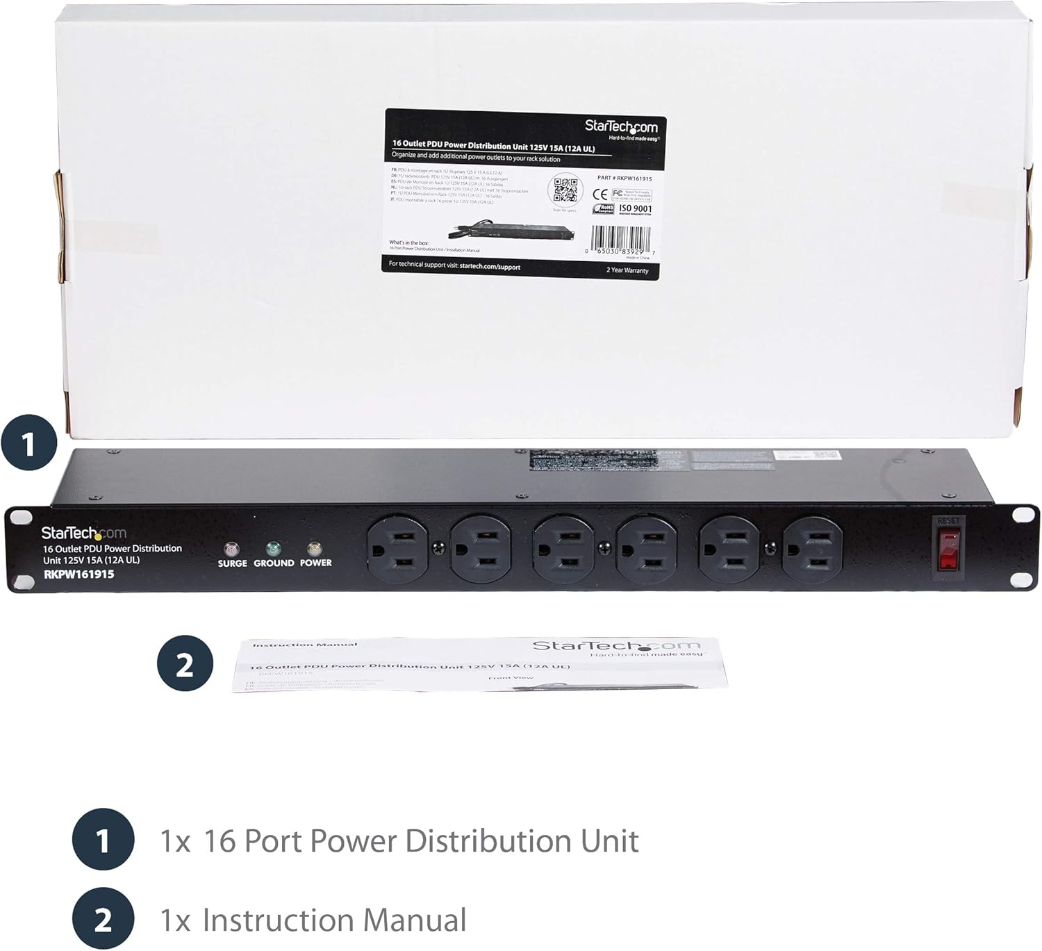 StarTech.com 16 Outlet Horizontal 1U Rack Mount PDU Power Strip for Network Server Racks - Surge Protection - 120V/15A
