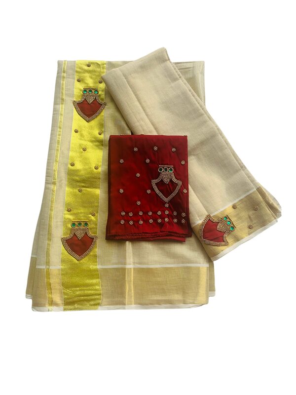 Kuthampully Kerala Kasavu Set Mundu For Women | Handcrafted Aari work Kerala Set Mundu | Tissue Onam Set Mundu With Blouse | Women's Zari Kasavu | EKM-601 (Maroon)