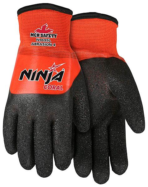 MCR SAFETY Ninja Insulated Work Gloves, 15 Gauge Nylon Shell, Full PVC Dip