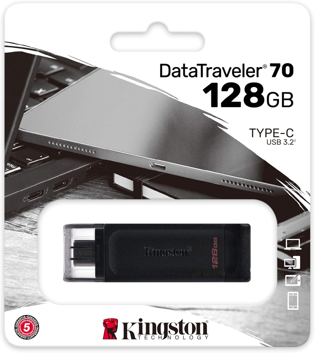 Kingston DataTraveler 70 128GB Portable and Lightweight USB-C flashdrive with USB 3.2 Gen 1 speeds DT70/128GB, Black