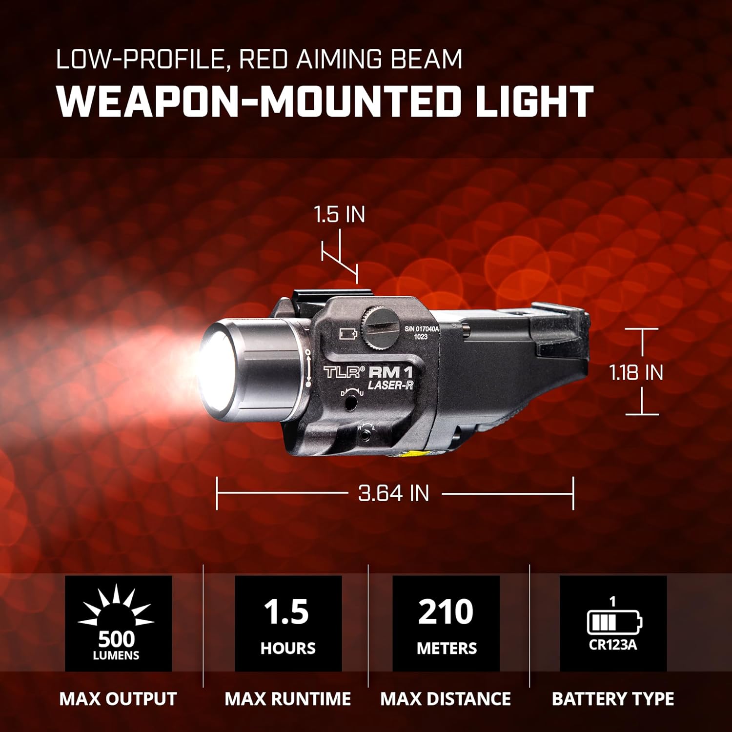 Streamlight 69446 TLR RM 1 500-Lumen Rail-Mounted Tactical Weapon Light with Integrated Red Aiming Laser, and Key Kit, Black