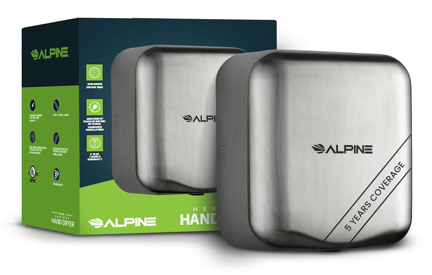 Alpine Industries 1800W Stainless Steel Automatic Hand Dryer Bundle with Bobrick 42" Stainless Steel Straight Grab Bar