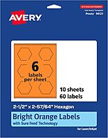 Avery Printable Hexagon Labels, Sure Feed Technology, 2-1/2" x 2-57/64", Bright Orange, Print-to-The-Edge
