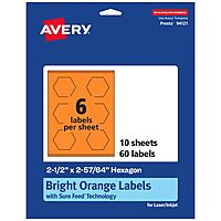 Avery Printable Hexagon Labels, Sure Feed Technology, 2-1/2" x 2-57/64", Bright Orange, Print-to-The-Edge