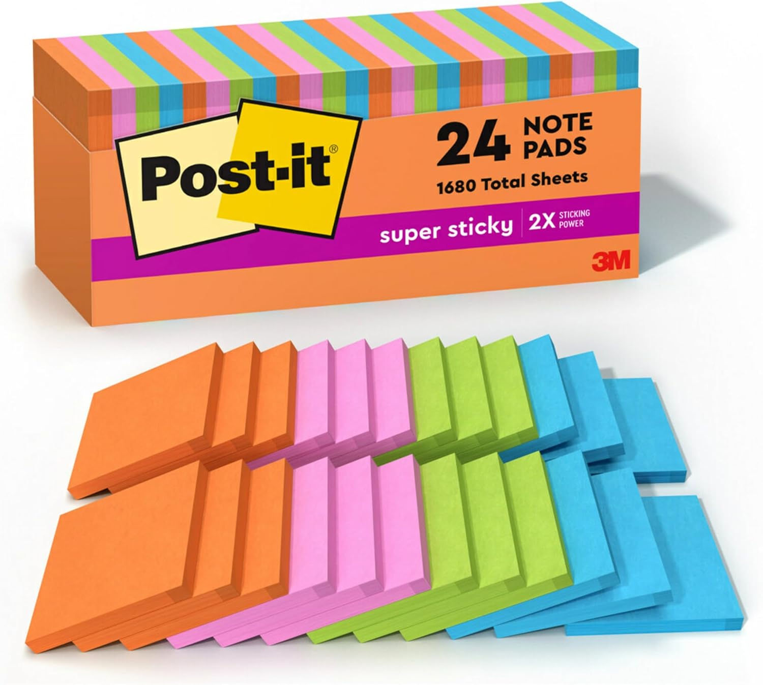 Post-it Super Sticky Notes, 24 Sticky Note Pads, 3 x 3 in., Energy Boost Collection