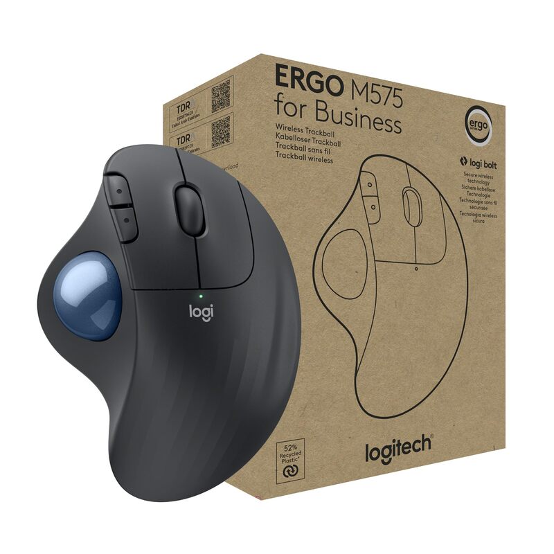 Logitech ERGO M575 Wireless Trackball Mouse for Business - Ergonomic Design, Logi Bolt, Bluetooth, Graphite - 910006197