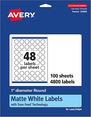 Avery Matte White Round Labels, Sure Feed Technology, 1" Diameter, Printable