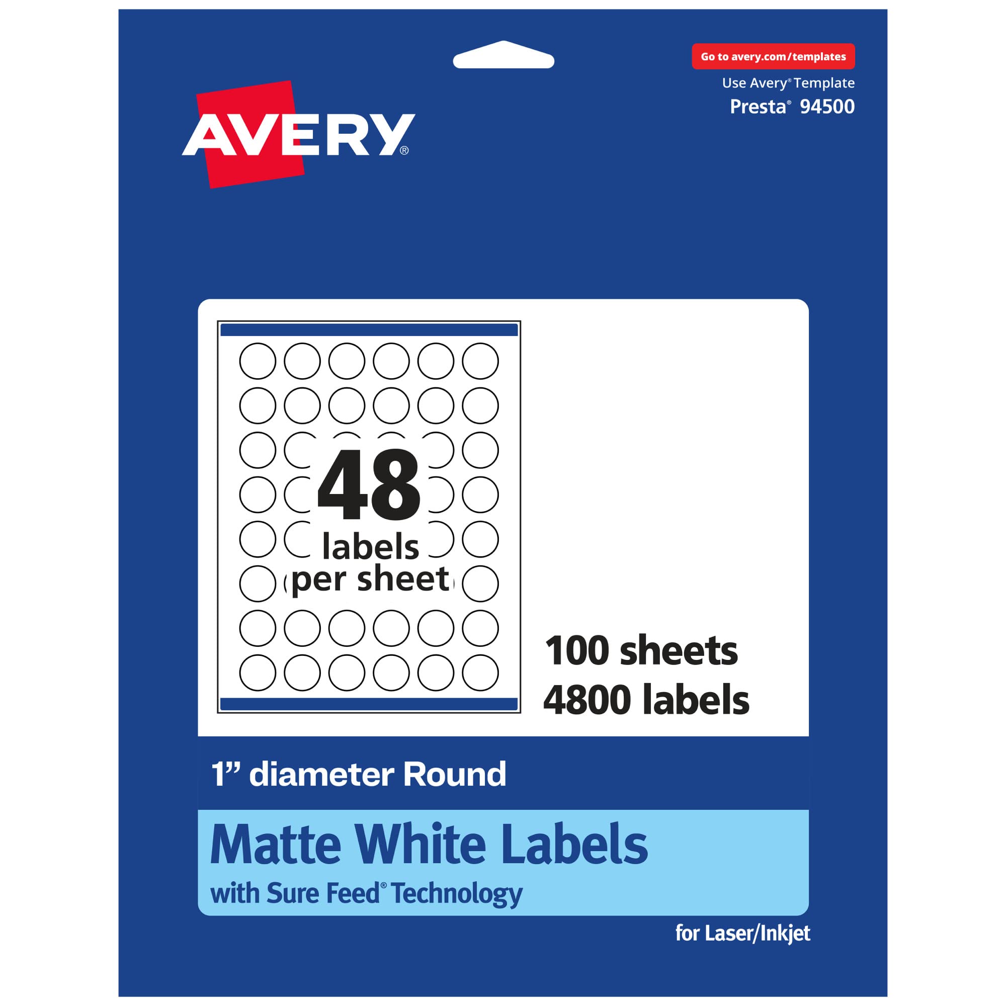 Avery Matte White Round Labels, Sure Feed Technology, 1" Diameter, Printable