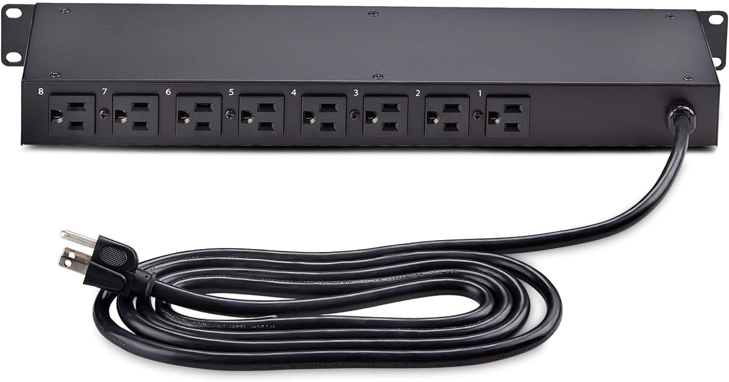 StarTech.com 8-Outlet Horizontal Rack Mount PDU, 1U Power Strip, Outlet On/Off Switches, 15A Breaker