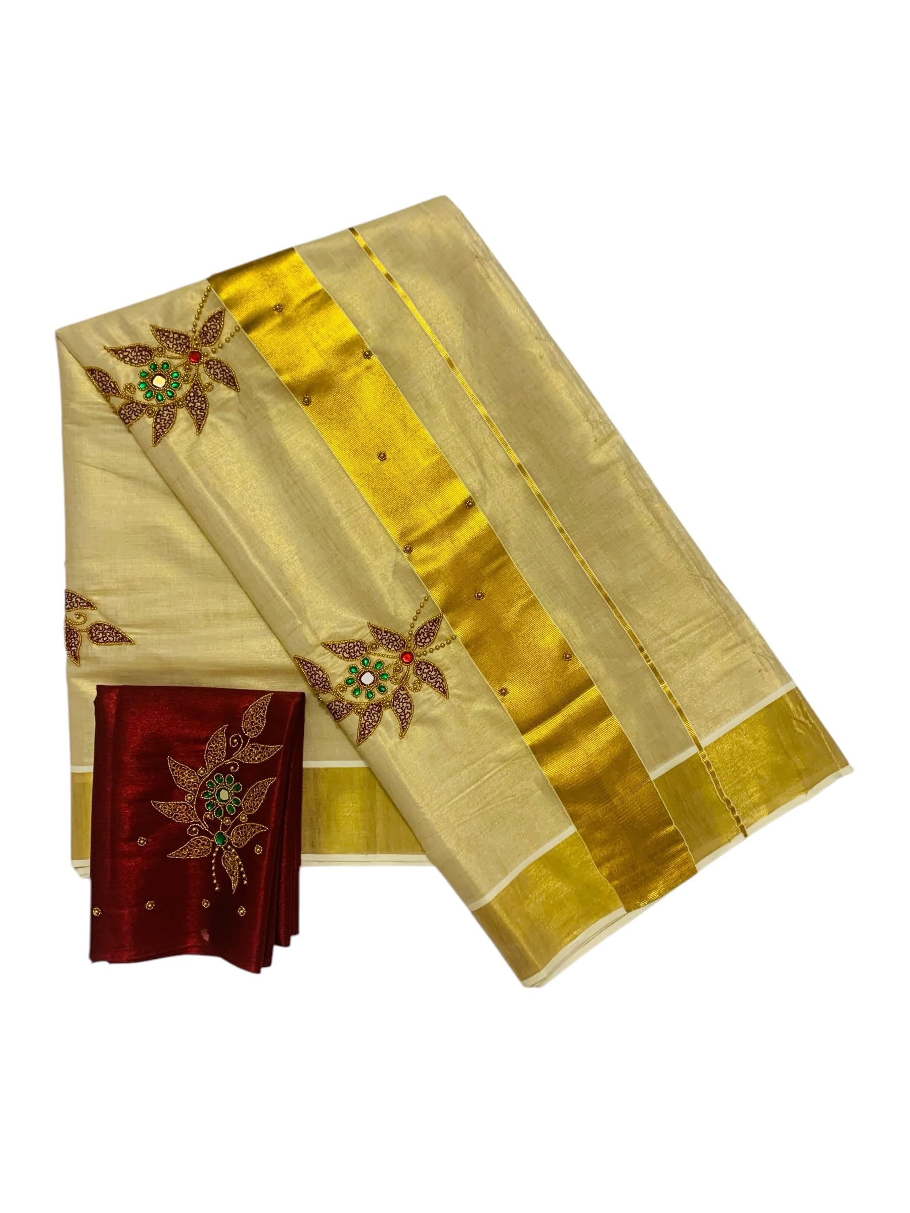 Kuthampully Kerala Kasavu Sarees For Women | Handcrafted Aari work Kerala Sarees | Tissue Onam Saree With Running Blouse | South Indian Sarees | Onam Saree EKM-861 (Maroon)