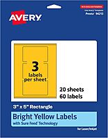 Avery Printable Rectangle Labels, Sure Feed Technology, 3" x 5", Bright Yellow, Print-to-the-Edge, Laser/Inkjet Printable