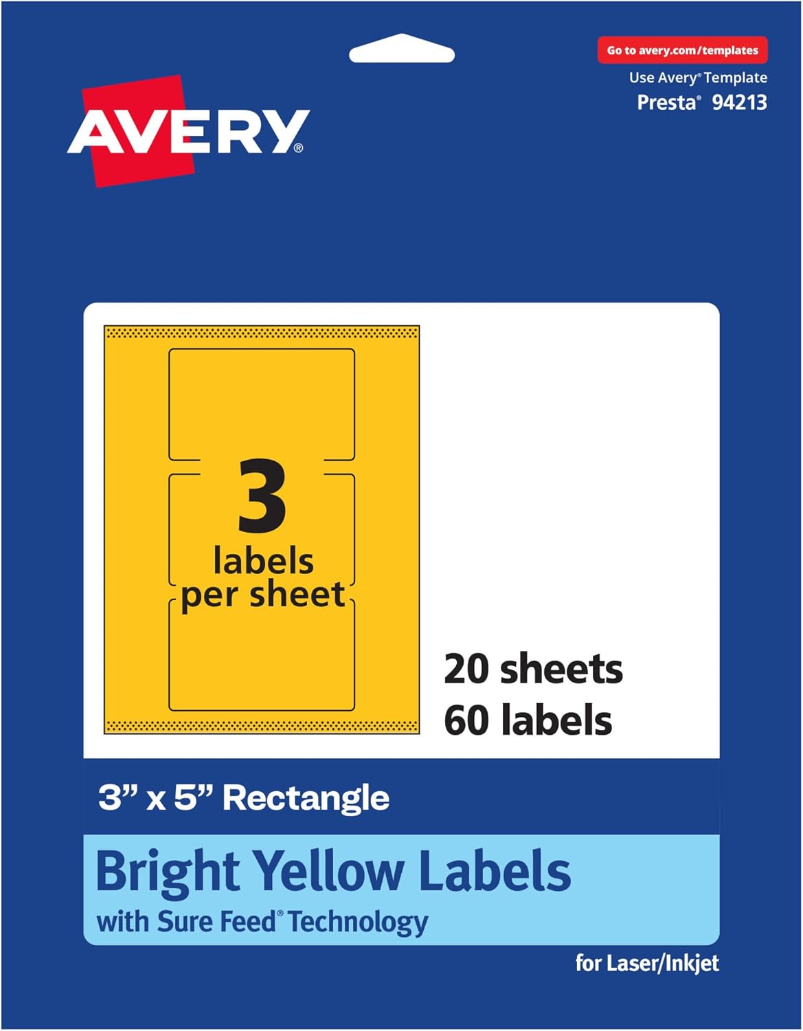 Avery Printable Rectangle Labels, Sure Feed Technology, 3" x 5", Bright Yellow, Print-to-the-Edge, Laser/Inkjet Printable