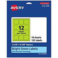 Avery Printable Square Labels, Sure Feed Technology, 2-1/8" x 2-1/8", Bright Green Labels, Print-to-The-Edge, Laser/Inkjet Printable, 120 Total, Great for Jars and Packaging 120 labels