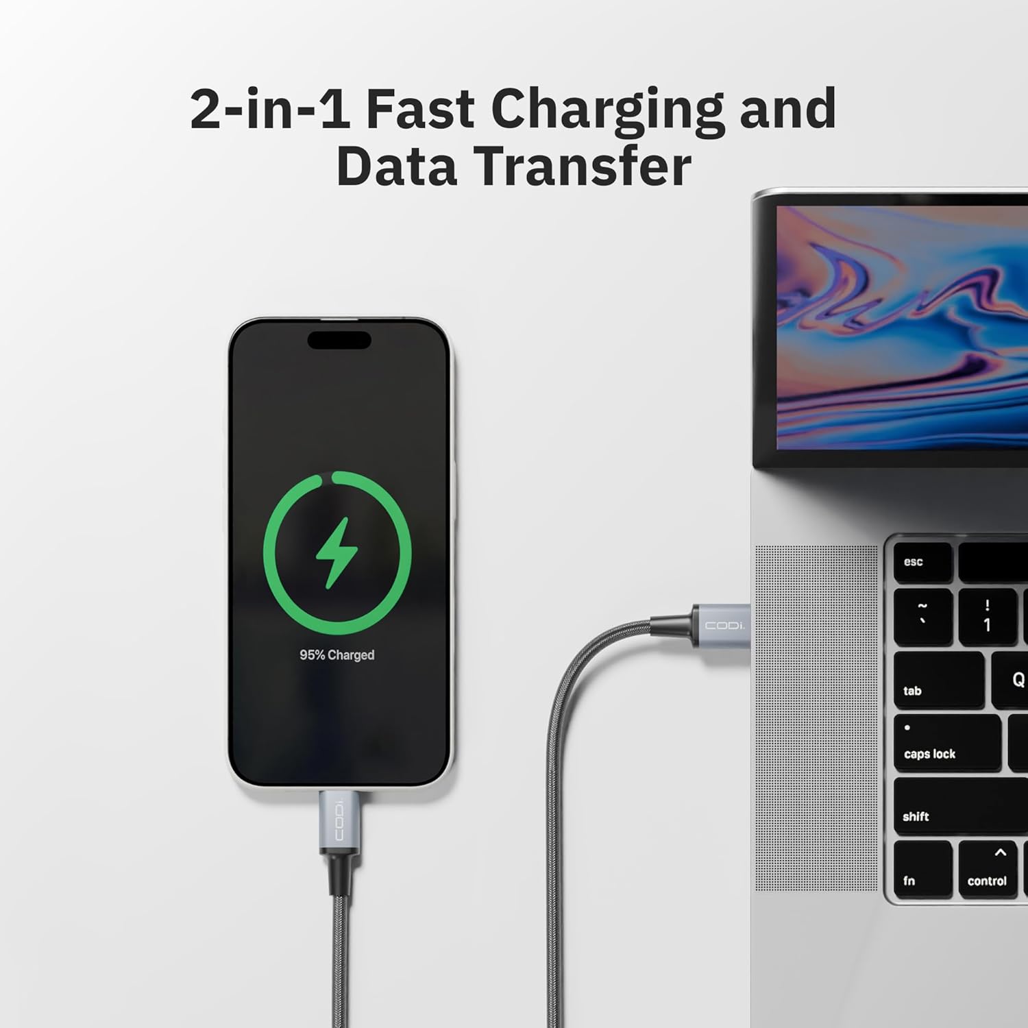 CODi 3ft Braided Nylon USB-A to USB-C Charging & Sync Cable – Fast Charge Compatible, Tangle-Free, Durable Aluminum Housing