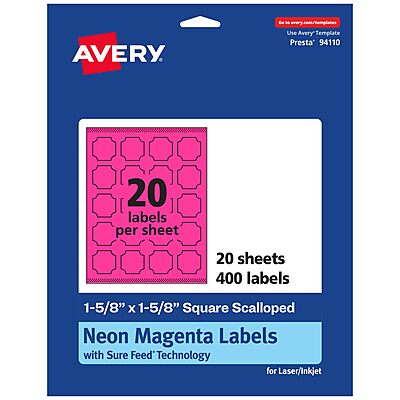 AVERY Printable Square Scalloped Labels, Sure Feed Technology, 1-5/8" x 1-5/8", Neon Magenta, Print-to-The-Edge