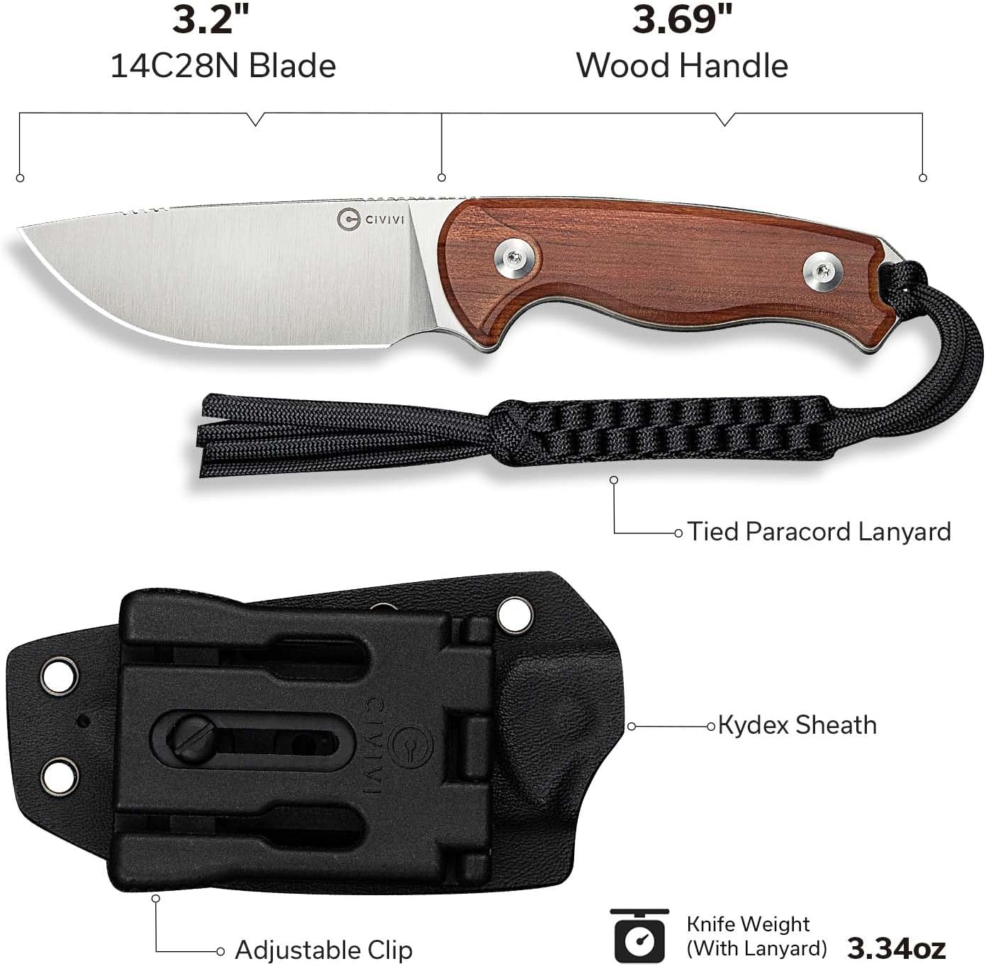 CIVIVI Timberbark Fixed Blade Knife with Kydex Sheath & Clip, 3.2" 14C28N Blade Wood Handle with Lanyard