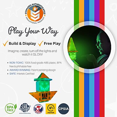 Tytan Tiles Glow in The Dark 60-Piece Magnetic Tiles Building Set, Diverse Multi-Color Shapes, STEM Toy, Cars, Creative Play