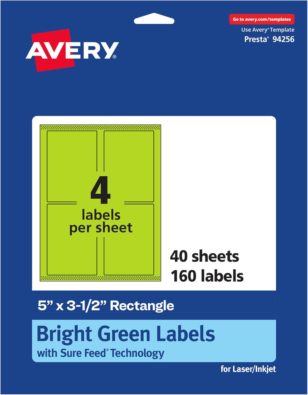 Avery Printable Rectangle Labels, Sure Feed Technology, 5 x 3-1/2, Bright Green