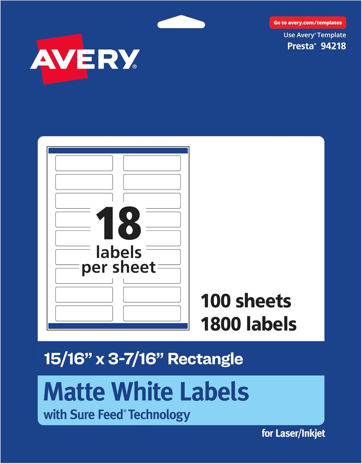 Avery Matte White Rectangle Labels, Sure Feed Technology, 15/16 x 3-7/16