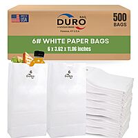Duro 6# White Paper Bags 500-Count, Bulk Disposable Paper Lunch Sacks, SOS Bags for Popcorn, Candy, Snacks & Treats - 6.00 x3.62 x 11.06 Inches