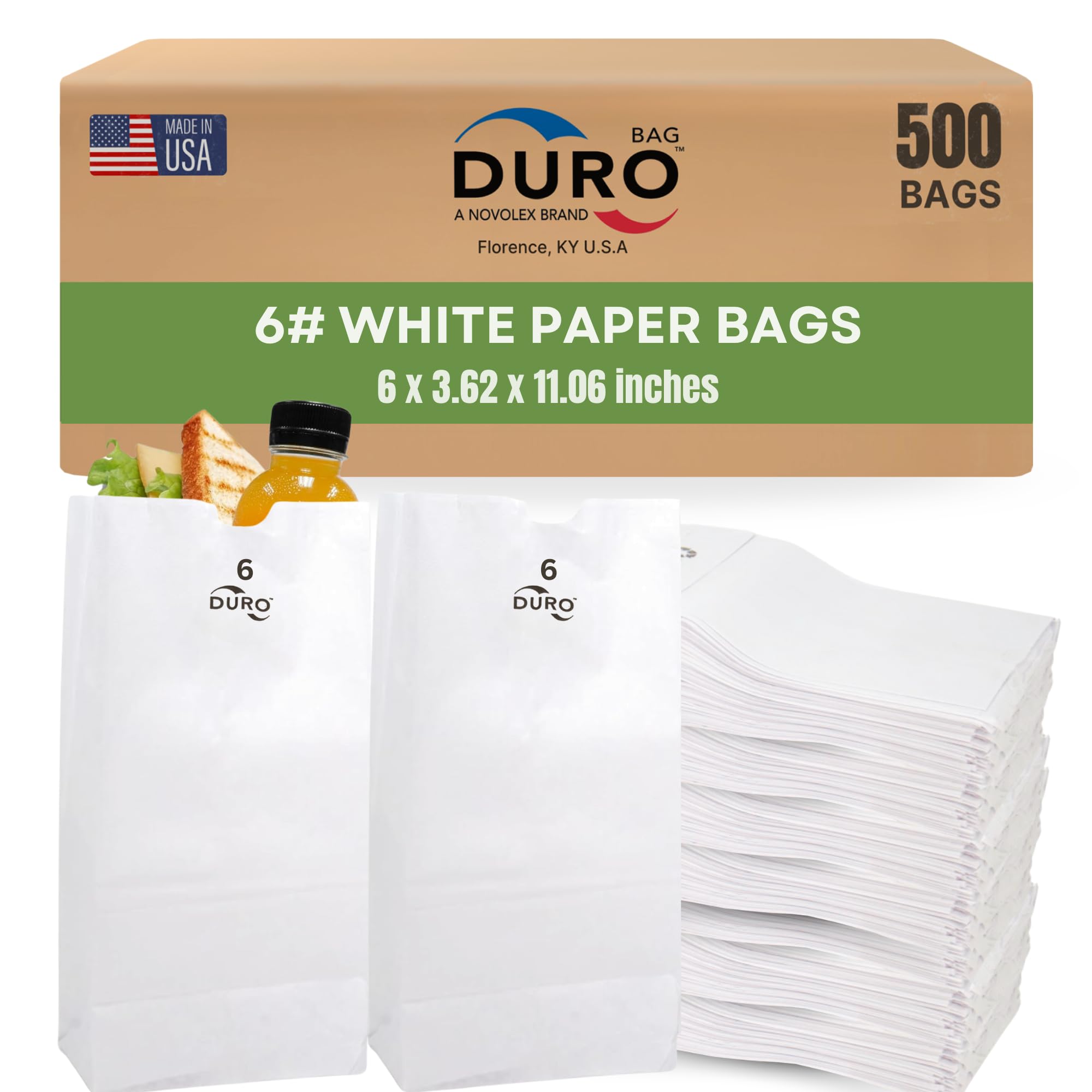 Duro 6# White Paper Bags 500-Count, Bulk Disposable Paper Lunch Sacks, SOS Bags for Popcorn, Candy