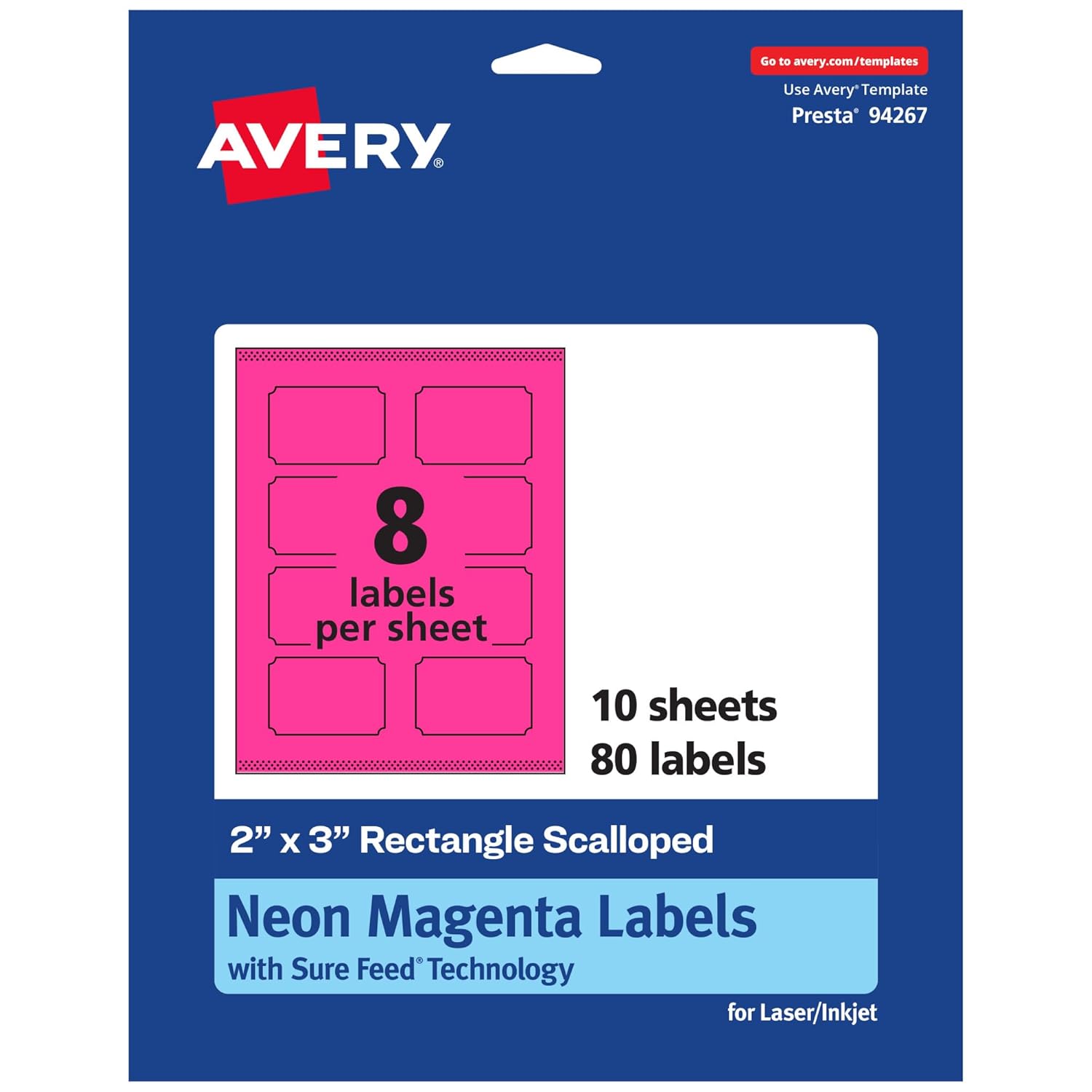 Avery Printable Rectangle Scalloped Labels, Sure Feed Technology, 2" x 3", Neon Magenta, Print-to-The-Edge