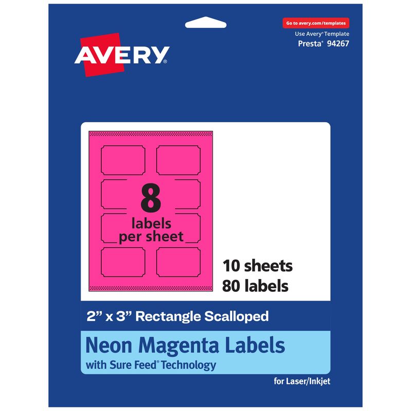 Avery Printable Rectangle Scalloped Labels, Sure Feed Technology, 2" x 3", Neon Magenta, Print-to-The-Edge