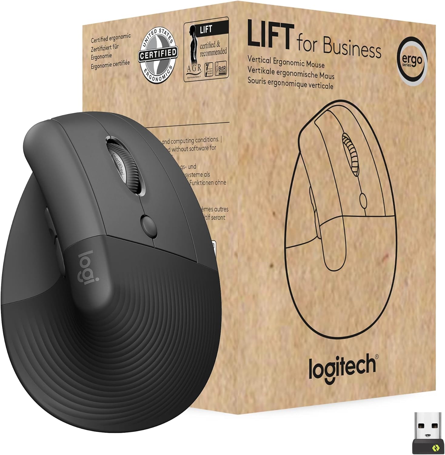 Logitech Lift for Business, Vertical Ergonomic Mouse, Wireless, Bluetooth or Secured Logi Bolt USB, Quiet clicks