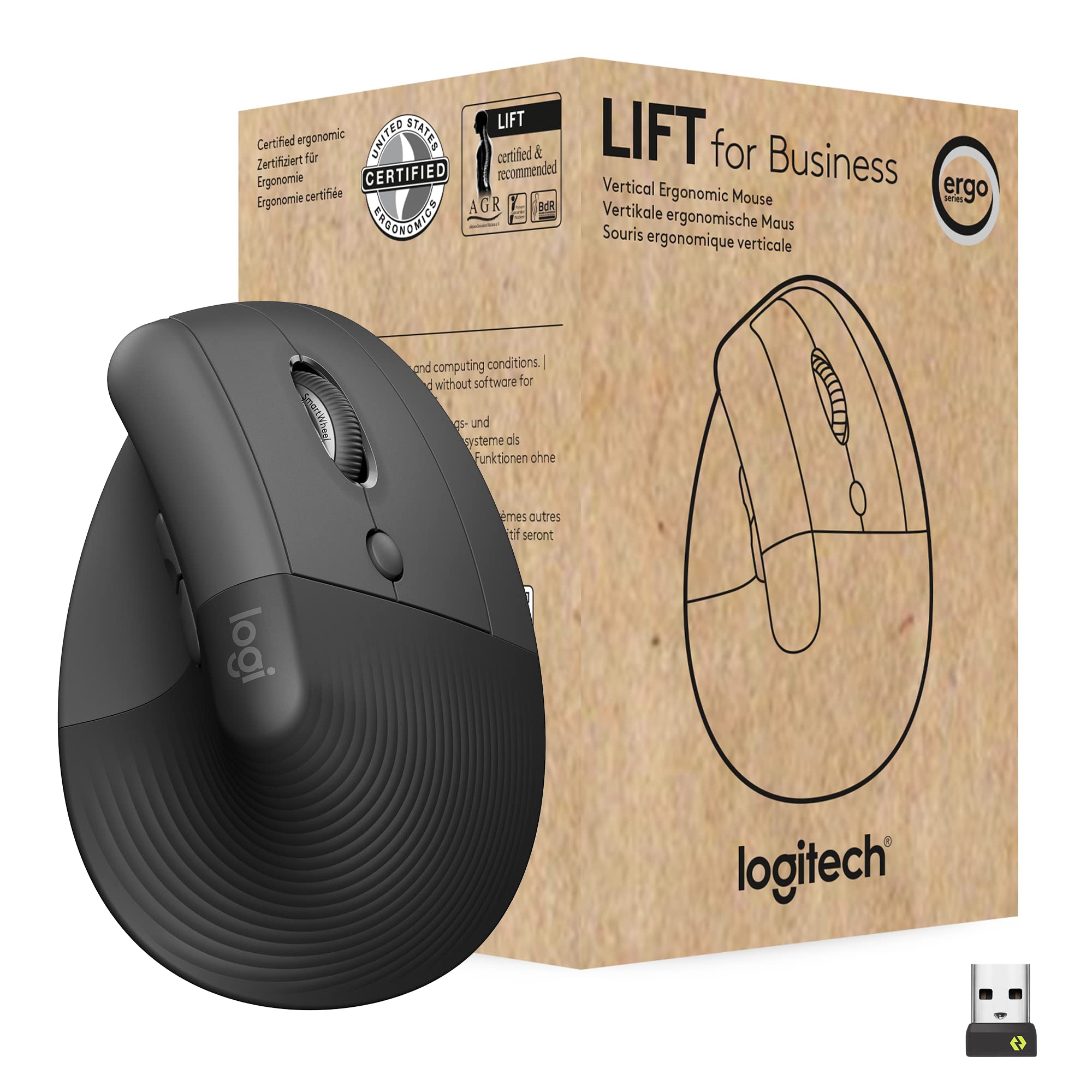 Logitech Lift for Business, Vertical Ergonomic Mouse, Wireless, Bluetooth or Secured Logi Bolt USB, Quiet clicks