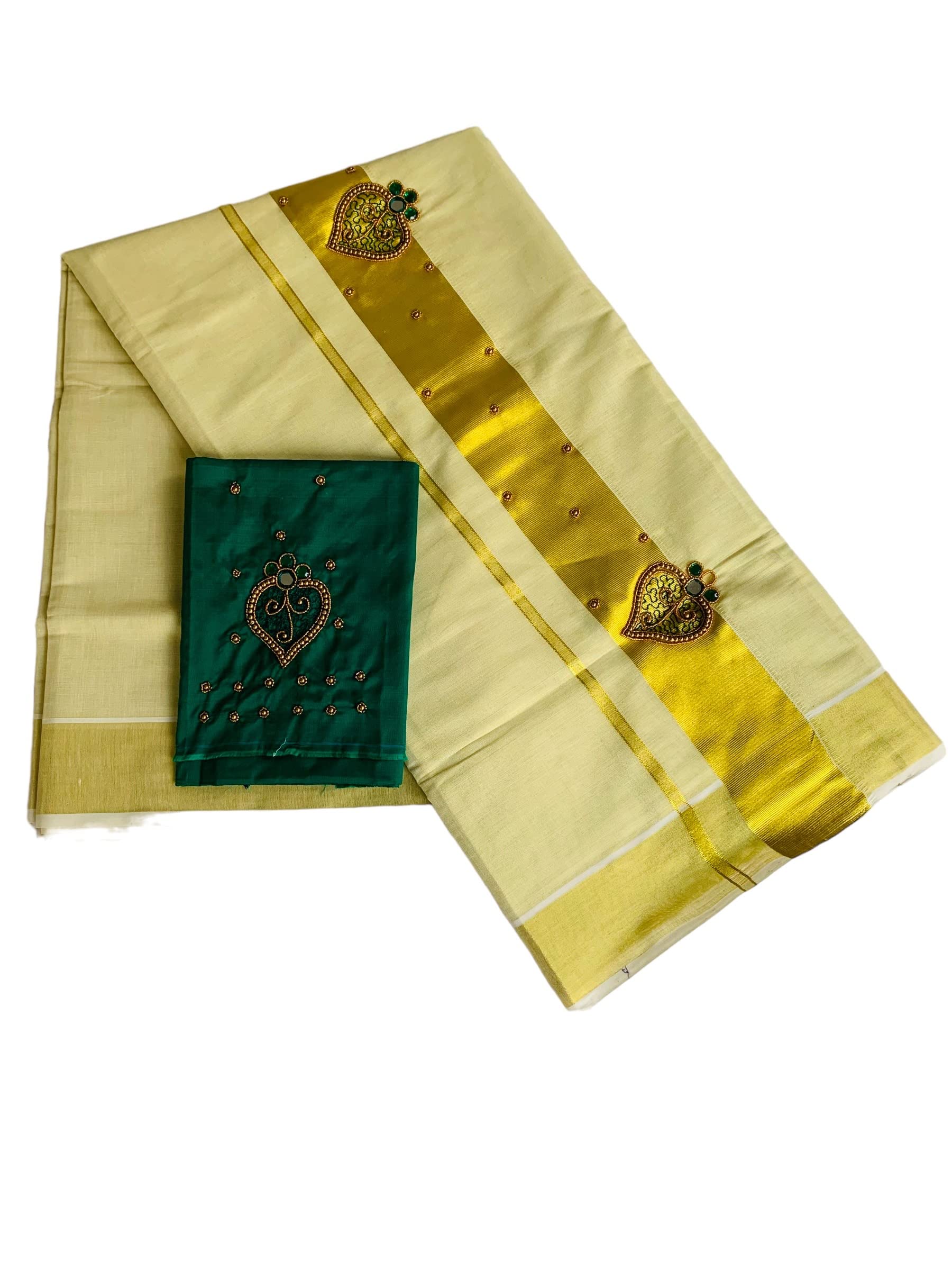 Kuthampully Kerala Kasavu Sarees For Women | Handcrafted Aari work Kerala Sarees | Tissue Onam Saree With Running Blouse | South Indian Sarees | EKM-763 (Green)