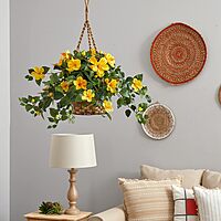 Nearly Natural Hibiscus 22inH Artificial Plant With Hanging Basket, 22inH x 28inW x 24inD, Yellow