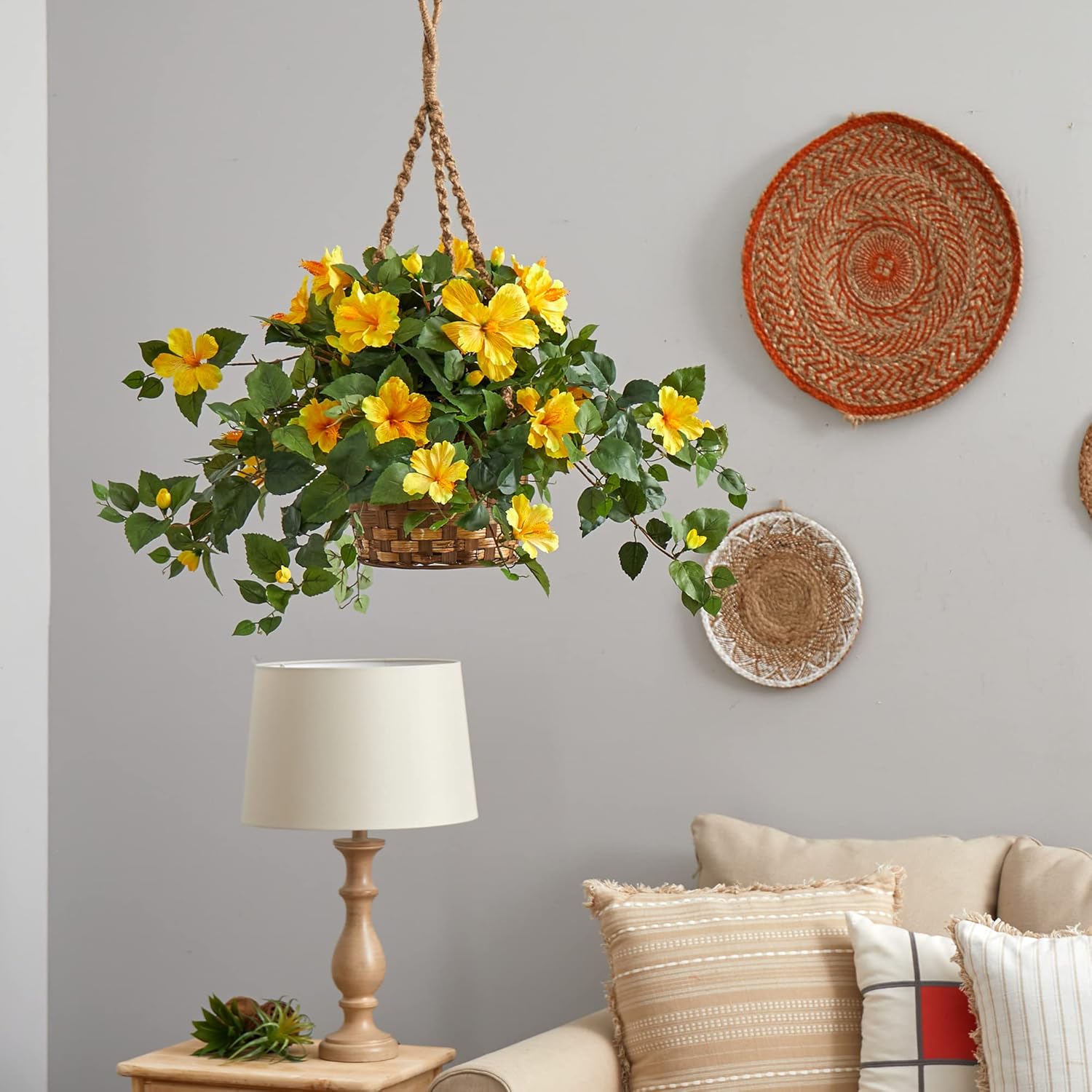 Nearly Natural Hibiscus 22inH Artificial Plant With Hanging Basket, 22inH x 28inW x 24inD, Yellow