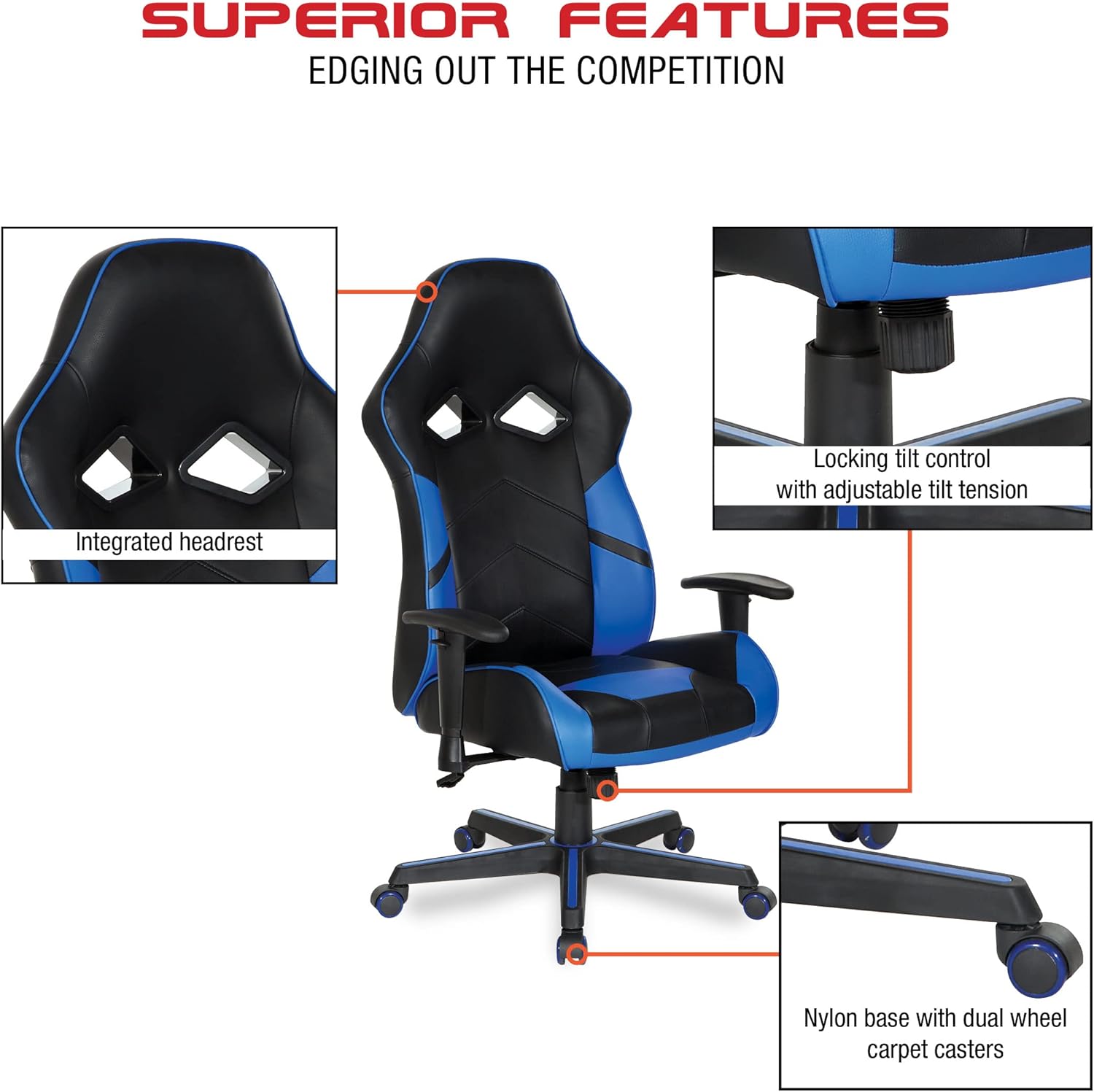 OSP Home Furnishings Vapor Ergonomic Adjustable High Back Faux Leather Gaming Chair with Coil Spring Seat and Integrated