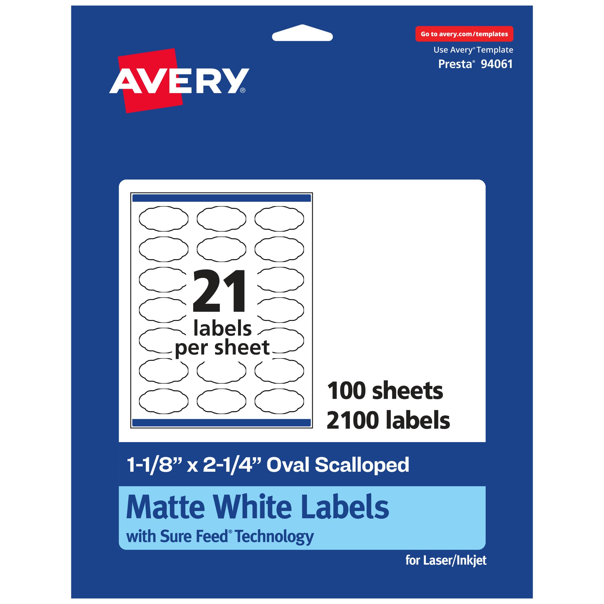 AVERY Matte White Oval Scalloped Labels, Sure Feed Technology, 1-1/8 x 2-1/4
