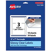 Avery Glossy Clear Rectangle Labels, Sure Feed Technology, 3" x 7", Print-to-The-Edge, Laser/Inkjet Printable