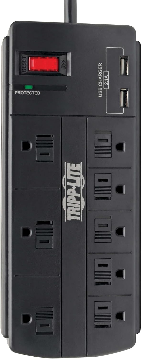 Tripp Lite Surge Protector with USB Charging, 8 Outlet Surge Protector Power Strip, 2 USB Charge Ports, 8ft Cord
