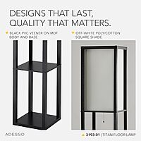 Adesso Square Floor Lamp with 3-Tier Open Shelves, Black Base, Fabric Shade, 72” T x 10.5” W, Extended Length Cord, Enhances Room Decor and Home Lighting