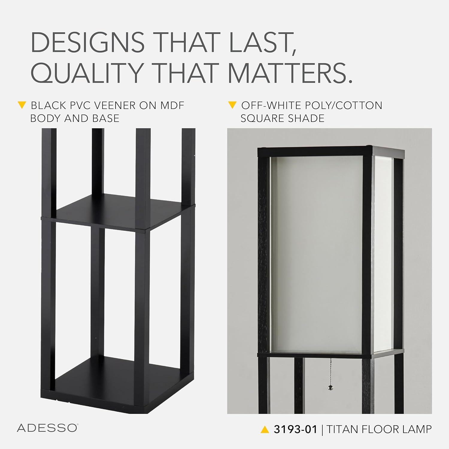 Adesso Square Floor Lamp with 3-Tier Open Shelves, Black Base, Fabric Shade, 72” T x 10.5” W, Extended Length Cord