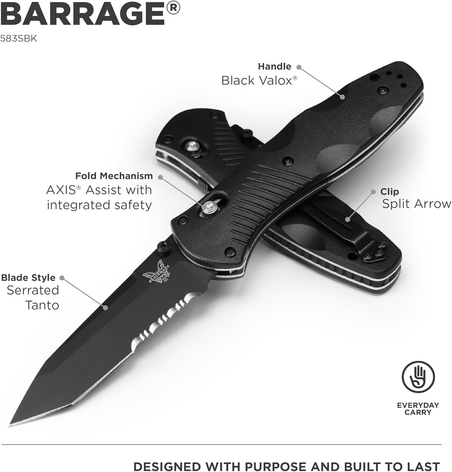 Benchmade - Barrage 583 Tactical Knife, Serrated Tanto Blade with Black Handle (583SBK)