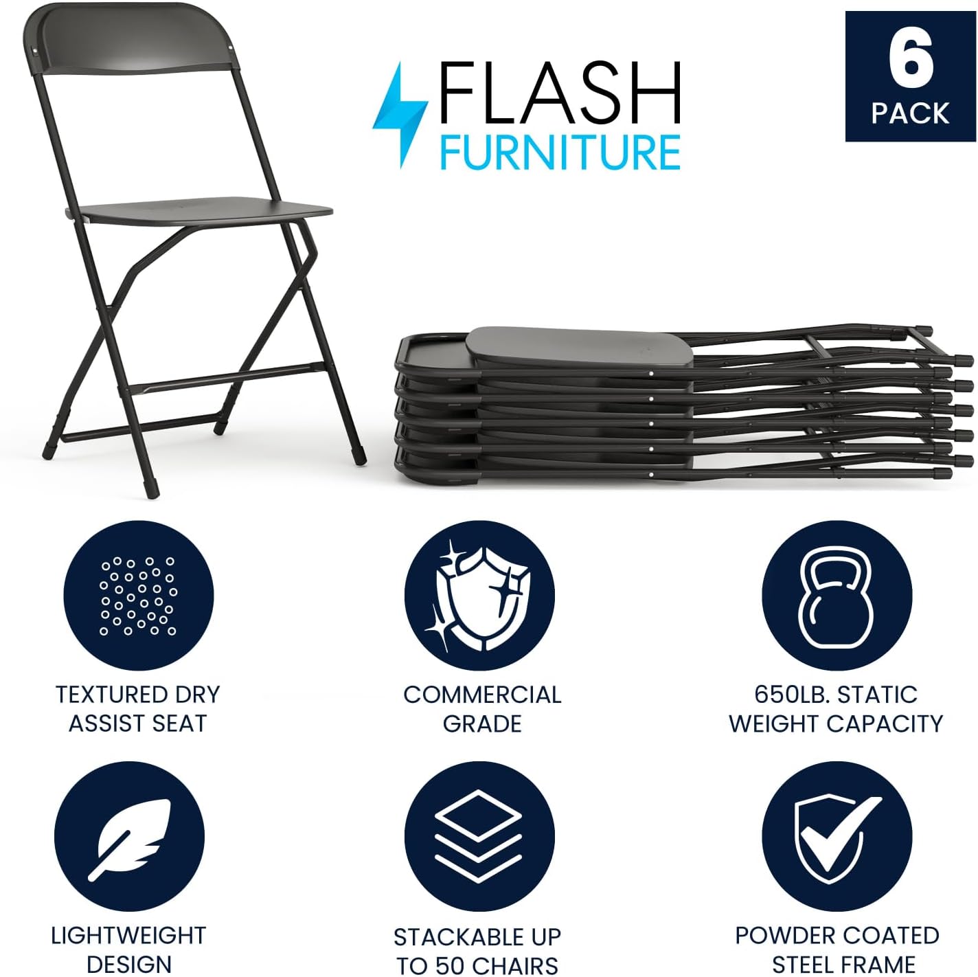 Flash Furniture Hercules Series Commercial-Grade Plastic Folding Chair - 650LB Weight Capacity