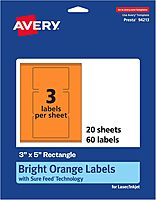 AVERY Printable Rectangle Labels, Sure Feed Technology, 3" x 5", Bright Orange, Print-to-The-Edge, Laser/Inkjet Printable