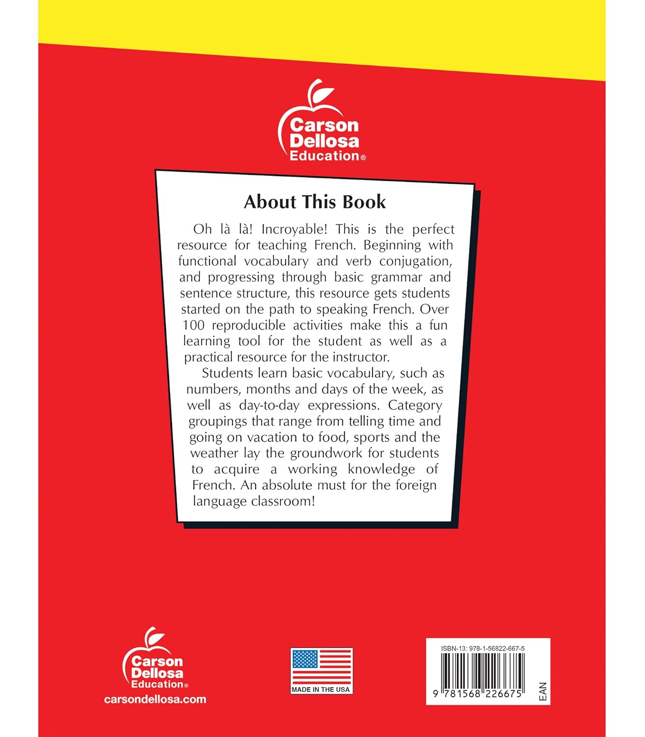 Carson Dellosa The 100 Series French Workbook, Parts of Speech, Vocabulary, Common Phrases, Sentence Building Skills