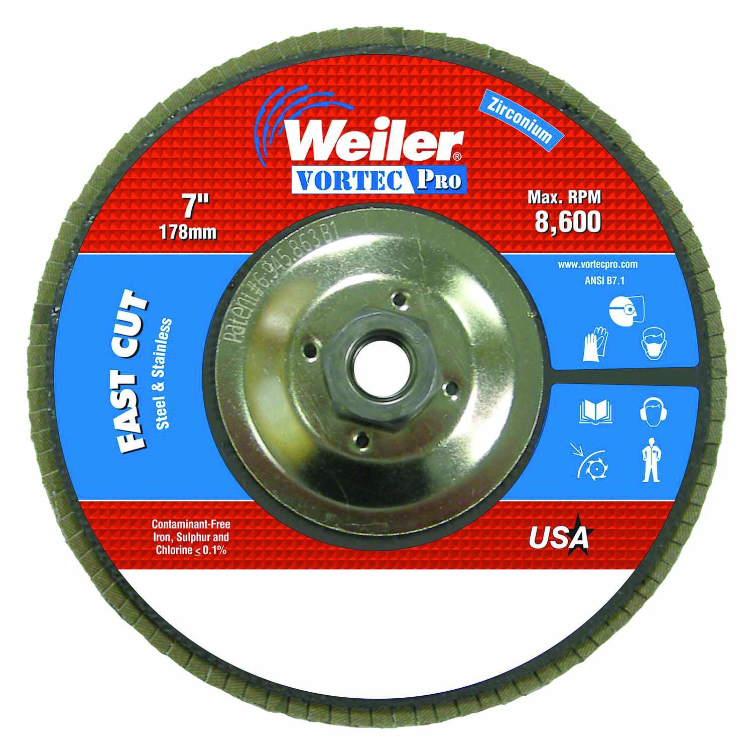 Weiler 804-31368 Vortec Pro Type 29 Flap Disc, Zirconia Alumina, 7", 40 Grit, 5/8"-11" UNC, 8600 rpm
