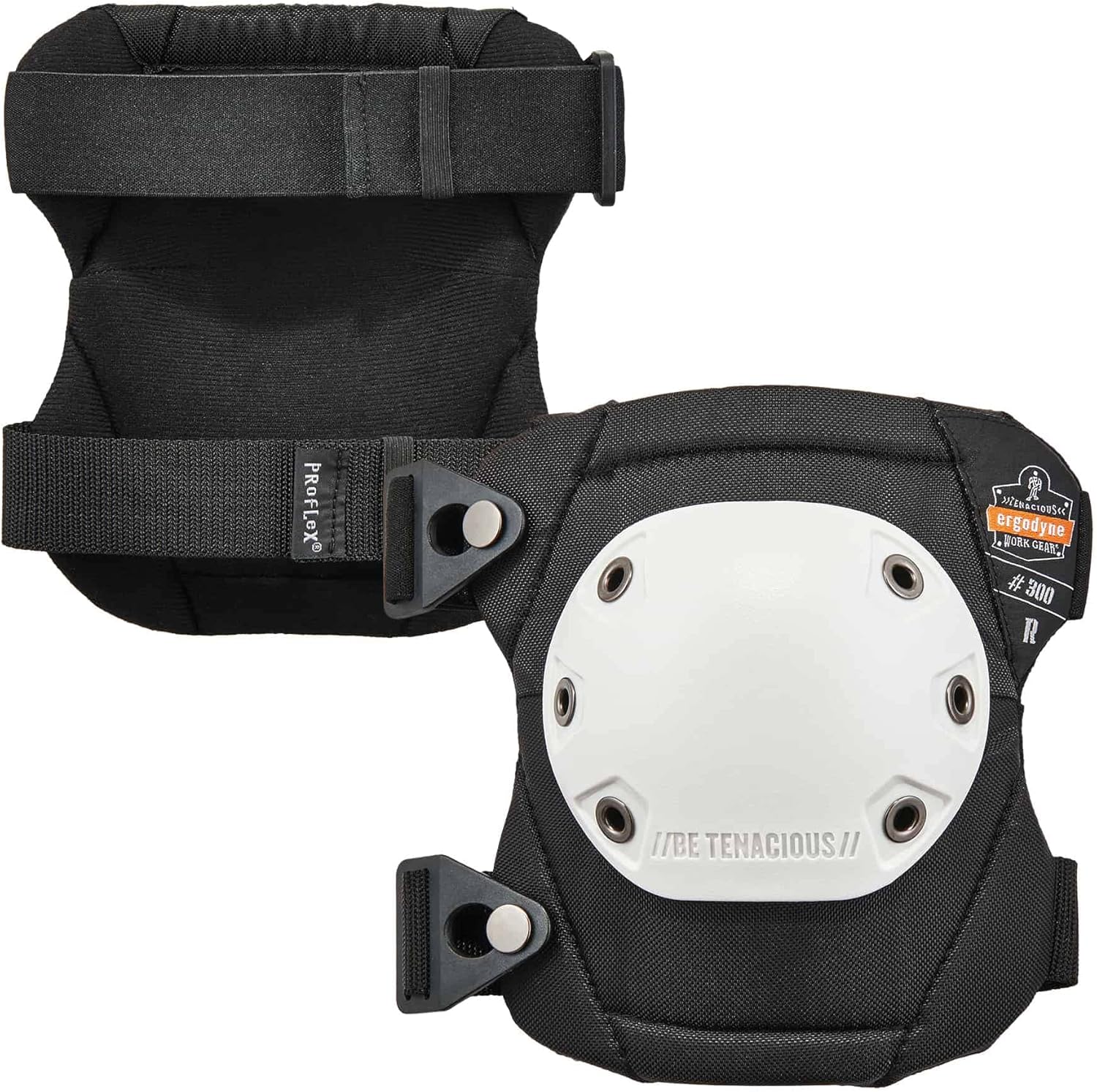 Ergodyne ProFlex 300 Rounded Cap Knee Pads, White Cap, Buckle Closure (Pair)