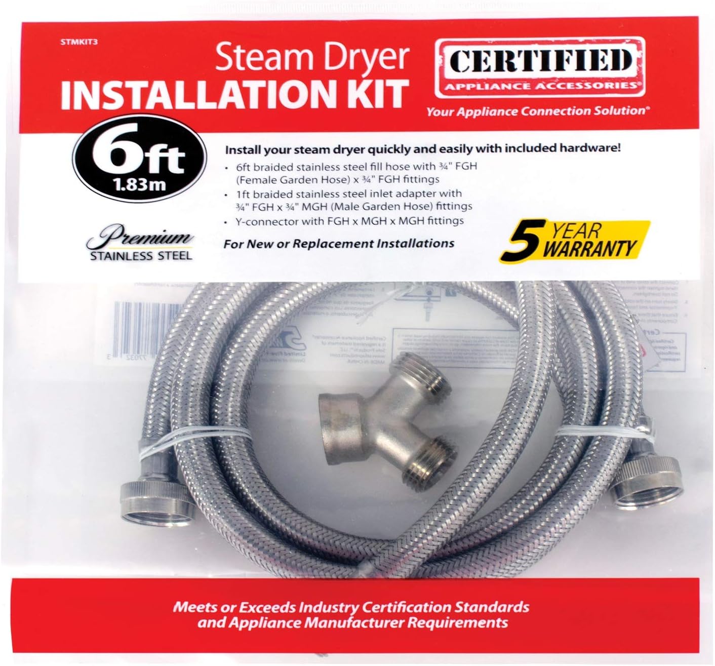 Certified Appliance Accessories Braided Stainless Steel Steam Dryer Installation Kit, 6ft - Stainless Steel, PVC, Polyester, Vinyl - STMKIT3