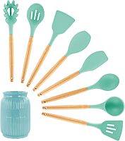 MegaChef 9-Piece Silicone and Wood Utensil Set with Ceramic Holder