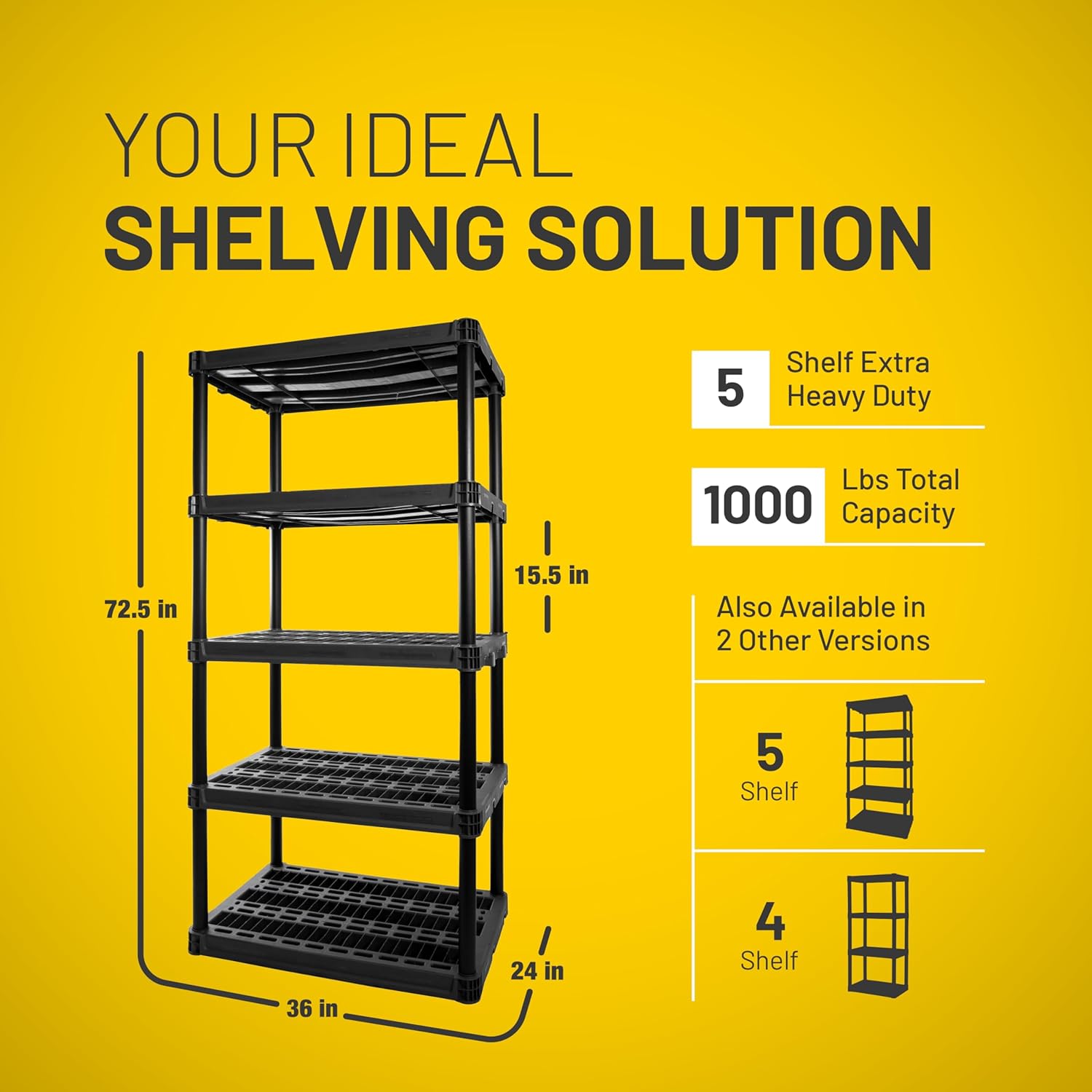 Plano 5-Shelf Extra Heavy Duty Plastic Storage Shelves, 72.5” x 36” x 24”, 1000lb Capacity, Pantry, Office